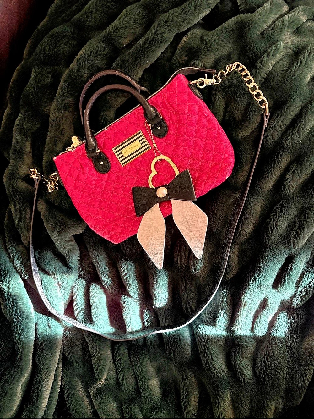 Betsey Johnson Quilted Bow Satchel in Pink & Black